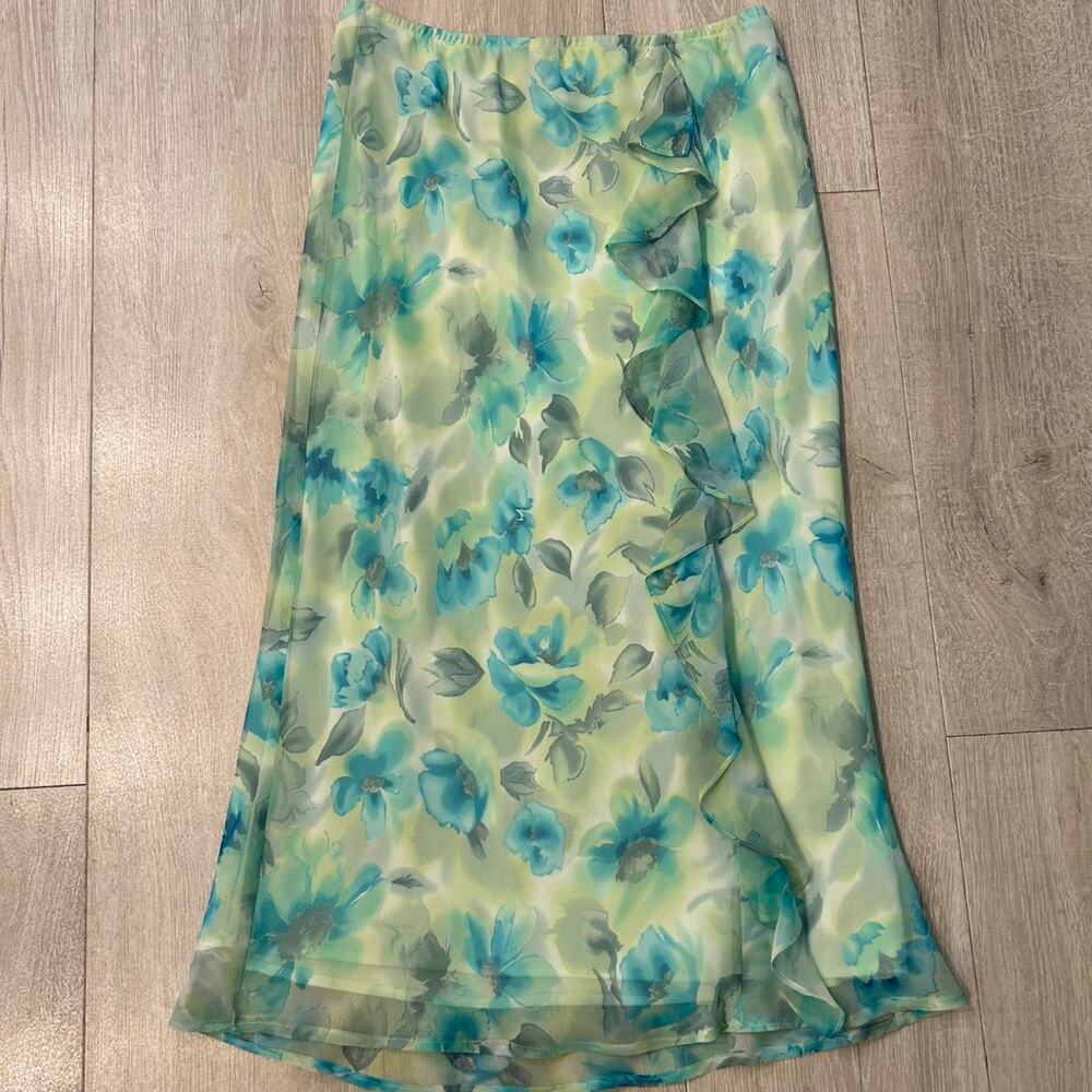 Blue and green floral ruffle skirt. Size 12